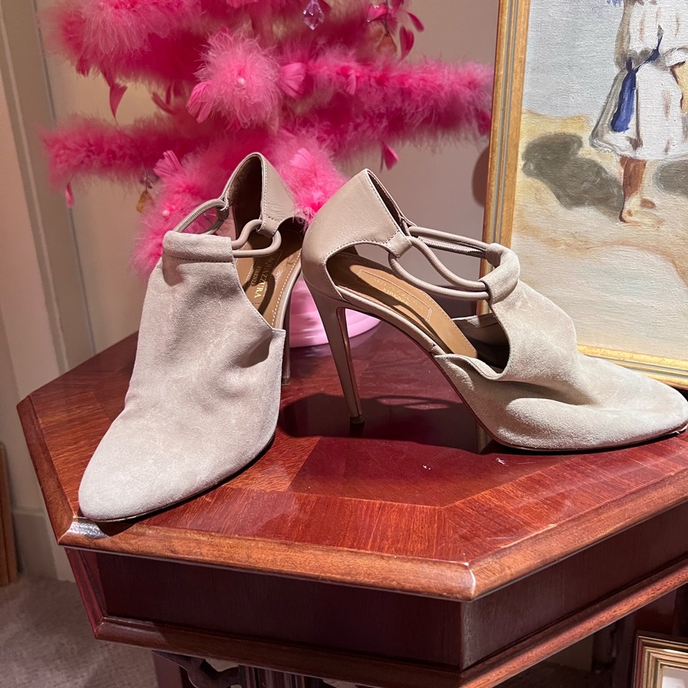 Aquazzura Tan Ankle-Strap Suede Heels - Comfortable and Chic